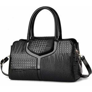 Women's Black Faux Leather Retro Top handle Crocodile Crossbody Satchel Bag
